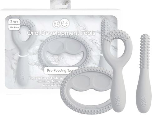 ezpz Oral Development Tools - 3 Months+ (3 Pack in Sage) - Non-Slip Loop, Smile and Stick, 100% Silicone Tools to Practice Feeding + Chewing - Sensory Bumps - Dishwasher Safe in Kuwait