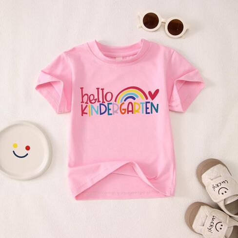Hello Kindergarten Shirts Baby Girl Cute Rainbow Back to School T-Shirt First Day of School Short Sleeve Tees Top in Saudi Arabia