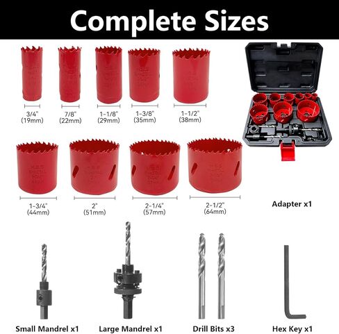 Greywolf 15 pcs Bi-Metal Hole Saw Set, M3 HSS Hole Saw Kit with 3/4"-2-1/2" (19-64mm) 9 pcs Hole Saw Blades, Boxed, with Arbor, Drill Bit, Hex Wrench, for Metal, Wood, Plastic in Kuwait