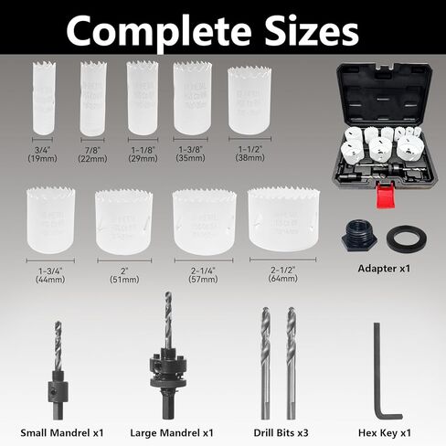Greywolf 15 pcs Bi-Metal Hole Saw Set, M3 HSS Hole Saw Kit with 3/4"-2-1/2" (19-64mm) 9 pcs Hole Saw Blades, Boxed, with Arbor, Drill Bit, Hex Wrench, for Metal, Wood, Plastic in Kuwait