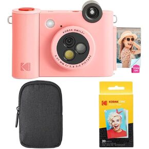 KODAK Smile+ 2-in-1 Digital Instant Print Camera & Wireless Bluetooth Photo Printer Starter Bundle + Carrying Case + Zink 20pk Sticky-Back Photo Paper - 10MP, Special-Effect Rotating Lens - Pink