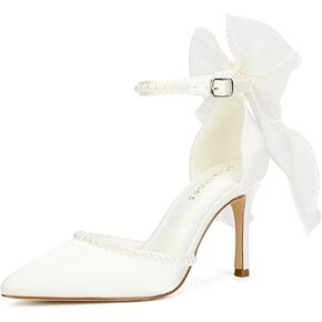 Women’s Bow Tie Back Heels Pearl Wedding Shoes for Bride Closed Toe Bridal Shoes