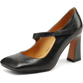TinaCus Handmade Women's Genuine Leather Square Toe High Block Heel Slip On Mary Jane Pumps