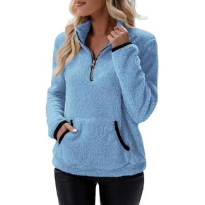 Quarter Zip Pullover Long Sleeve Fluffy Soft Fleece Pullover Casual V Neck Sweatshirts Jacket Winter Coat with Pocket