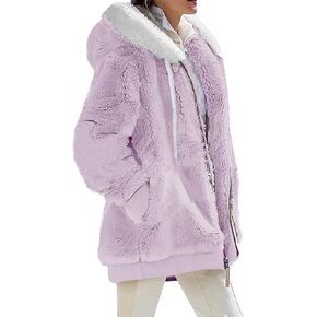Faux Fur Coat Women Drawstring Fleece Zip Up Hoodie Color Block Long Winter Coat Fuzzy Warm Jacket Coat with Pocket