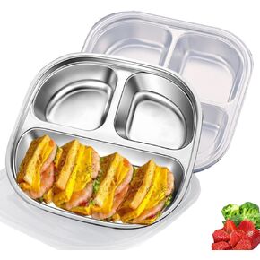 Stainless Steel Divided Plates Traywith Lids, 3 Section Metal Plate, Compact Serving PlatterDinner Dishes Snack,Picky Eaters, Campers,Picnic and Portion Control, BPA Free,Silver, 2 Pack (2)