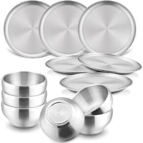 Haware Kids Plates and Bowls ، 12 قطعة مجموعة طبق من الفولاذ المقاوم للصدأ ، وأواني طعام قابلة لإعادة الاستخدام للتخييم ، والمشي لمسافات طويلة ، والسفر ، والنزهة ، وأدوات المائدة غير السامة للأطفال الذين يتغذى على أنفسهم ، غسالة صحون آمنة