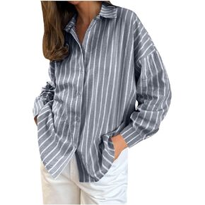 Button Down Shirt for Women Striped Long Sleeve Tops Casual Collared Button Up Blouse Office Work Dress Shirts