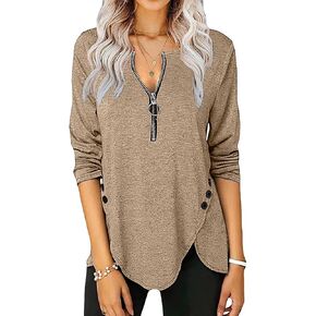 Blouses for Women Business Casual, Womens Casual Solid Color Zipper Short Sleeve Loose Top T-Shirt