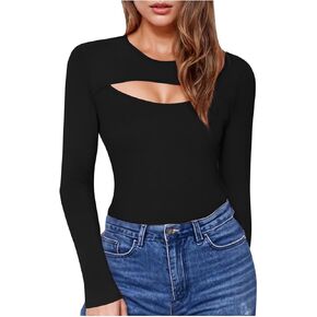 Womens Long Sleeve Shirts Crew Neck Front Cutout Tops Going Out Clothes Slim Fit Work Shirt Fall Fashion Outfits