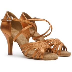 Women's Latin Dance Shoes Jazz Tango Performance Ballroom Waltz Salsa Satin Tan, #2360B, 4.5-11