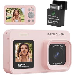 Upgraded 5K Dual Screen Digital Camera,80MP Vlog Photography Camera for YouTube,Campus,Travel,Compact Point & Shoot Camera for Teens & Beginners with Autofocus,18x Zoom,Anti-Shake,Pink
