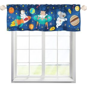 Unisex Space Animals Dinosaurs Astronaut Planets Stars Nursery Short Curtain Valance with Rod Pocket for Boys Girls Kids Toddlers Bedroom Living Room Window Decor-18x54