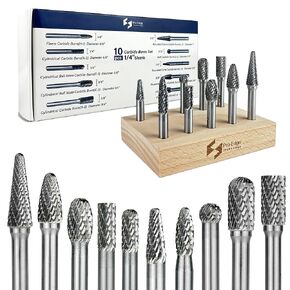 10Pcs Carbide Burr Set with 1/4" Shanks, Double Cut Rotary Tools, Head Dia 1/4"-5/16", Die Grinder Bits Attachment Kit for Metal, Wood, Stone, Steel Grinding, Deburring, Cutting, Porting, Carving