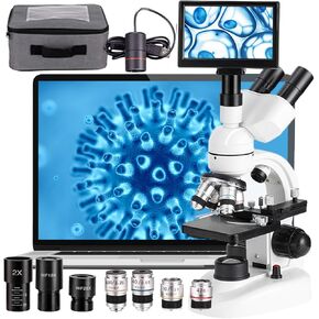 Trinocular Compound Microscope,40x-5000x Magnification,Siedentopf Head,Research-Grade,W/E-Eyepiece +7" Display +360° Rotation+Mechanical Stage,for Learning/Experimental Operations,White