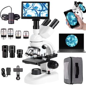 40x-5000x Trinocular Microscope,Laboratory Trinocular Compound Led Microscope W/E-Eyepiece +7" Display +360° Rotation+Mechanical Stage,for Learning/Experimental Operations,White