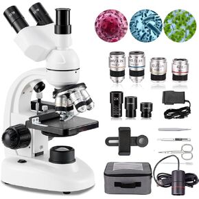 40x-5000x Trinocular Microscope,Laboratory Trinocular Compound Led Microscope W/Electronic Eyepiece/360° Rotation/Mechanical Stage,for Learning/Experimental Operations,White