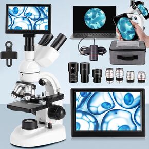 Trinocular Microscope,40x-5000x Laboratory Optical Microscope, Student Teaching Microscope, E-Eyepiece Connected To Computer, Can Be Matched With 7"Display Screen- For Kids Home School ,White