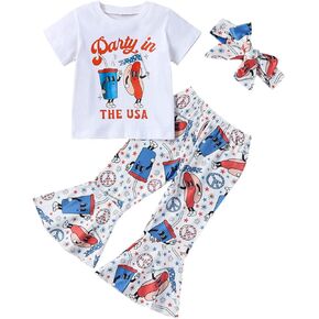 4th Of July Baby Girl Outfit Party In The USA Bell Bottom Pant Set Drink Sausages 3Pcs Spring Summer Clothes