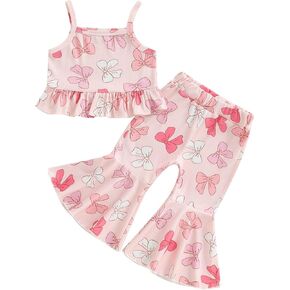 Lefyira Toddler Daisy Bell Bottoms Outfit Floral Crop Top Ruffle Strap Camisole Floral Flare Pants Baby Girl Summer Clothes