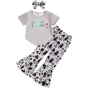MAINESAKA Western Baby Girl Clothes Toddler Cowgirl Bell Botton Outift Short Sleeve T-shirt Flare Long Pants Cute Summer Set