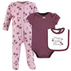 Hudson Baby Infant Girl Cotton Sleep and Play, Bodysuit and Bandana Bib Set, Plum Wildflower, Newborn