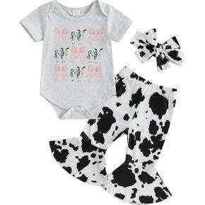 Baby Girl Western Clothes Cute Cow Print Short Sleeve Ruffle Romper Flare Pants Headband Cowgirl Outfit