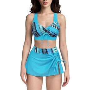 Women's 3-Piece Bikini Set with Polka Dot Print –Tie Top, Side-Tie Skirt & Triangle Bottom – Modest Tankini Style
