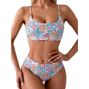 Women's Swimsuit Two Piece Floral Print Midi-Waisted Slimming Bikini Set Beach Bathing Suit Swimwear