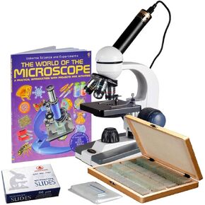 AmScope 40X-1000X Cordless Student Biological Microscope+Prepared & Blank Slides, Book+Camera
