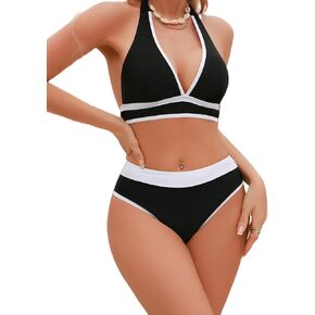 Catalpalev Women's Swimsuit Two Piece Black and White High-Waisted Slimming Bikini Set Beach Swimwear Bathing Suit