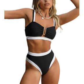 Catalpalev Women's Two Piece Swimsuit Black and White High-Waisted Slimming Bikini Set Beach Swimwear Bathing Suit