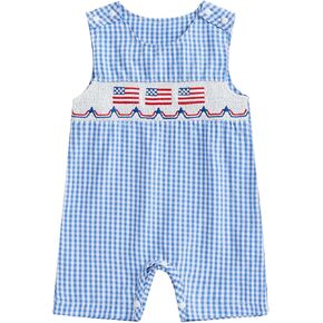 BeQeuewll 4th of July Baby Clothes Newborn Girl Boy Smocked Bubble Romper Flag Plaid Overalls Infant First 4th of July Outfit