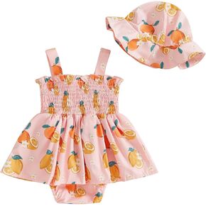 SAYOO Baby Girl Smocked Bubble Romper Fruit Print Shirred Frill Trim Halter Bodysuit Romper Dress+Sun Hat Newborn Jumpsuit