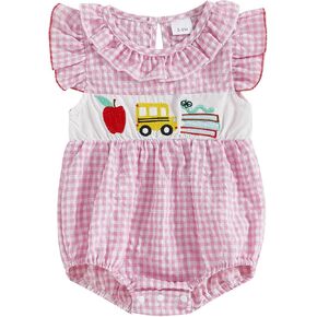 Back to School Outfits Baby Girl First Day of School Smocked Bubble Romper Onesie Newborn Cute Summer Clothes