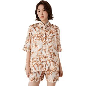 Floral Print Short Sleeve Leaf Pattern, Button-Down 100% Silk Shirt, K3193L
