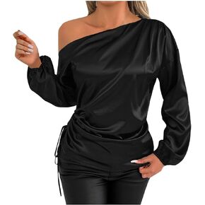 Satin Tops for Women Off Shoulder Long Sleeve Elegant Blouses Casual Asymmetrical Neck Drawstring Work Office Shirts