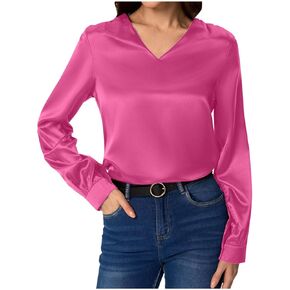 Womens Dressy Casual Blouses Satin Long Sleeve V Neck Shirts Pleated Business Tops Fashion Soft Fall Outfits