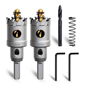 2PCS 1-1/4''(32mm) Metal Hole Saw,Heavy Duty Tungsten Carbide Tipped Hole Cutters Set with a nitrided Step Drill and L-flench, for Steel Iron,Aluminum,Stainless stell,Plastic​