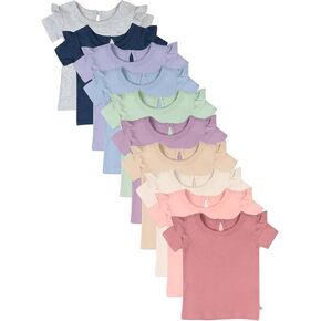 HonestBaby 10-Pack Ruffle Short Sleeve T-Shirt 100% Organic Cotton for Toddlers, Infant Baby Girls