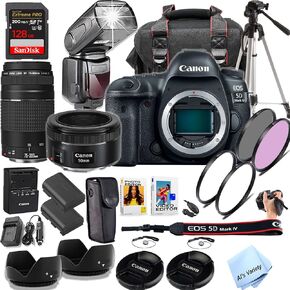 كاميرا Canon EOS 5D Mark IV DSLR مع عدسات STM 50 مم و 75-300 مم + TTL Flash Flash + 128GB السرعة المتطرفة ، المرشحات ، العلبة ، ترايبود + المزيد (حزمة الصور الاحترافية) (متجددة) ، أسود)