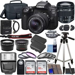 Canon EOS 90D DSLR Camera with EF-S 18-55mm f/3.5-5.6 is STM Lens & Preferred Accessory Bundle – Includes: 2X 32GB SDHC Memory Card, Extended Life Battery, Case, Filters & More (Renewed)