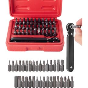 Bates Choice Mini Ratchet Set, 34 pcs, Cr-V Steel, 1/4" Low Profile Right Angle Screwdriver, 1/4 Bit Set, Red Storage Box, Screwdriver Bit Sets