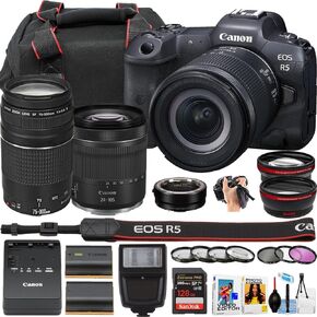 Canon EOS R5 Camera بدون كاميرا W/RF 24-105mm f/4-7.1 هي STM و EF 75-300MM F/4-5.6 III CAMERANCE + MORE (حزمة 24 قطعة) (متجددة)