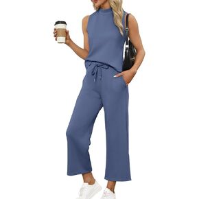 Women's 2-Piece Summer Outfit Casual Lounge Set - Stand Collar Top & Wide Leg Shorts Vacation Travel Outfit, Breathable Comfort Beachwear(Blue,Medium)
