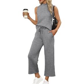 Women's 2-Piece Summer Outfit Casual Lounge Set - Stand Collar Top & Wide Leg Shorts Vacation Travel Outfit, Breathable Comfort Beachwear(Gray,XX-Large)