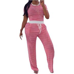 Two Piece Sets For Women Trendy Stripes Short Sleeve Summer Tops And High Rise Wide Leg Pants Crewneck Travel Outfits