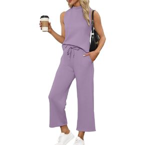 Women's 2-Piece Summer Outfit Casual Lounge Set - Stand Collar Top & Wide Leg Shorts Vacation Travel Outfit, Breathable Comfort Beachwear(Purple,XX-Large)