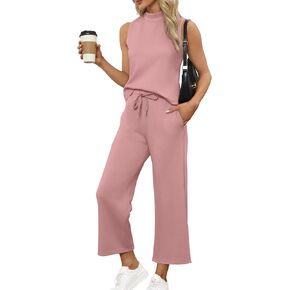Women's 2-Piece Summer Outfit Casual Lounge Set - Stand Collar Top & Wide Leg Shorts Vacation Travel Outfit, Breathable Comfort Beachwear(Pink,Large)