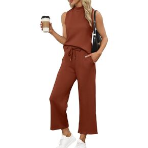 Women's 2-Piece Summer Outfit Casual Lounge Set - Stand Collar Top & Wide Leg Shorts Vacation Travel Outfit, Breathable Comfort Beachwear(Caramel,Medium)